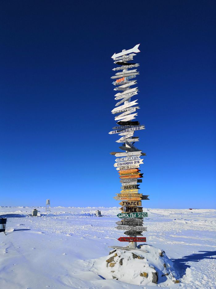 Services Tall signpost with directions in a snowy winter landscape under a clear blue sky.